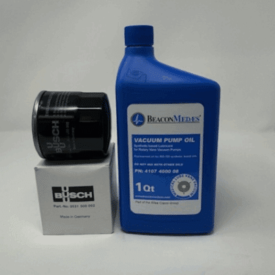 A BeaconMedaes Kit- 2000 HR Oil Change 3-5HP (P/N 4107400196) with a blue 1-quart oil bottle is next to a black Busch filter on a white Busch box, all set against a plain white background.