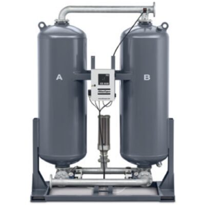 The Atlas Copco CD90+ Desiccant Dryer Pneumatic Manifold (P/N 1629203584) features two large, vertical gray cylindrical tanks labeled "A" and "B," linked by pipes and a central control unit on a metal frame for industrial gas treatment.