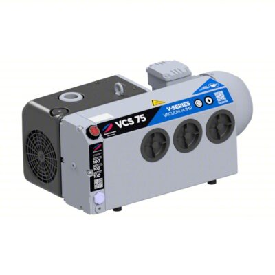 The Elmo Rietschle VCS-75 3HP Lubricated Rotary Vane Pump features a gray and black exterior, three side vents, control buttons, and product labels on the top and front panels.