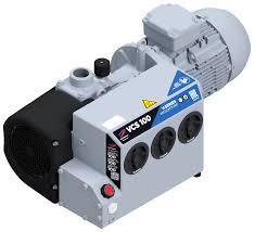 A gray and black Elmo Rietschle VCS-100 5HP lubricated rotary vane pump features warning stickers, vents, and a large electric motor at the back.