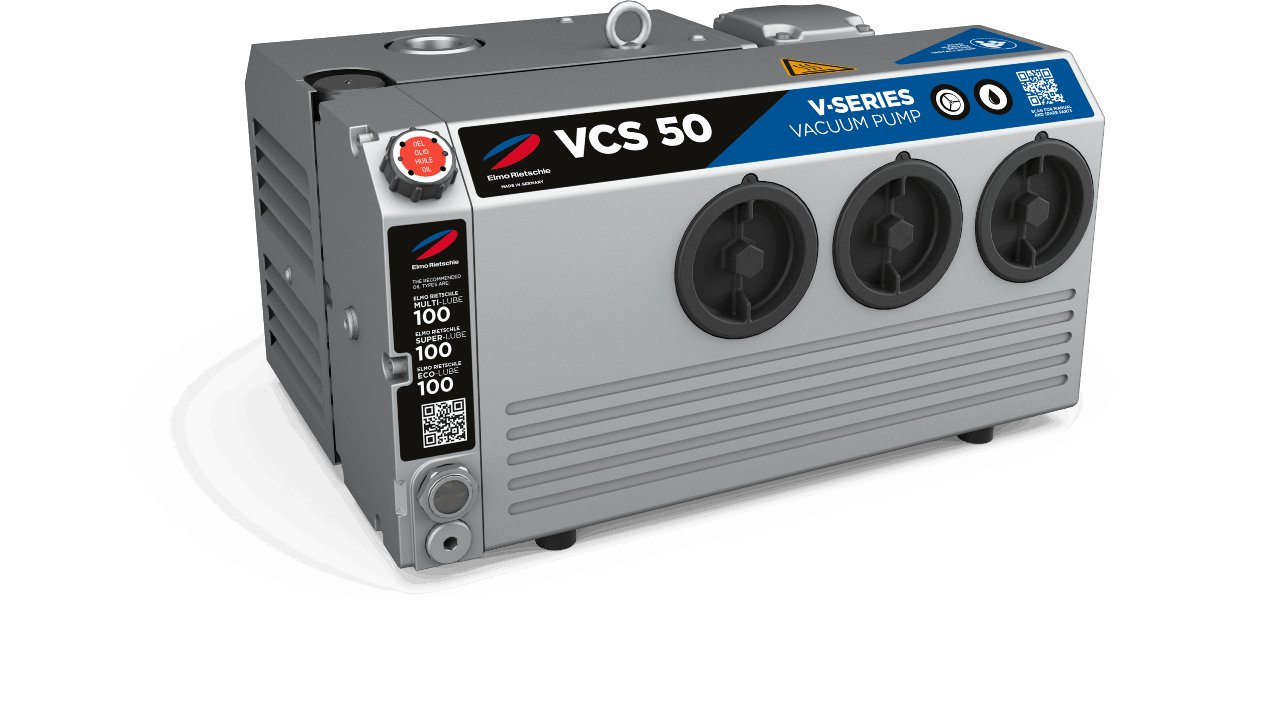 A silver and black Elmo Rietschle VCE-25 1.5HP Lubricated Rotary Vane Pump features three circular ports, control buttons, plus a front panel label with specifications and a QR code.