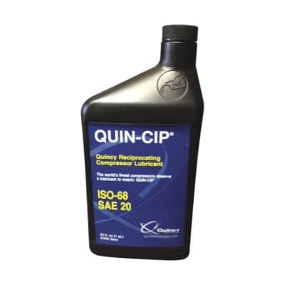 A black bottle of Quincy QUIN-CIP reciprocating compressor lubricant with a blue label displaying ISO-68 SAE 20.