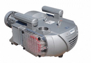The Becker Pumps LID-Left Side Shield TLF 250/360 (P/N 00080022200) is a silver side shield with cooling fins and protective covers, featuring a transparent casing that reveals internal parts, shown on a white background.