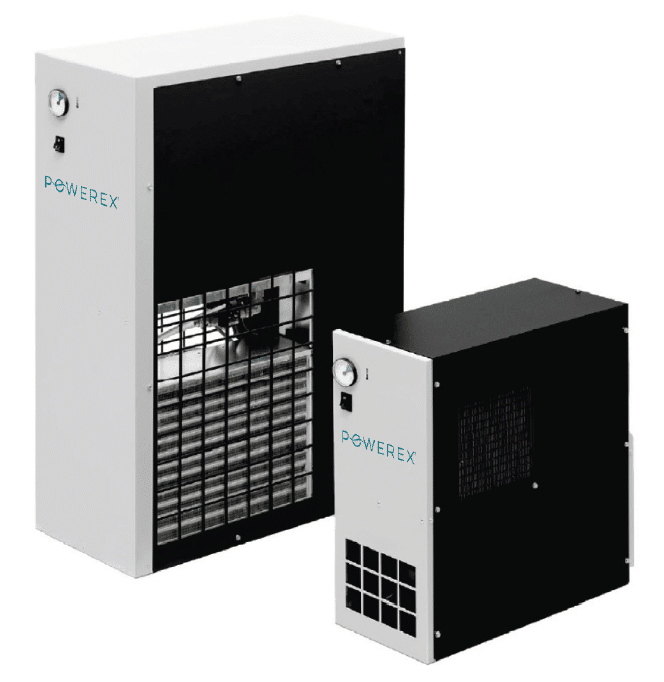 Two Powerex Nano Non-Cycling Refrigerated Dryers 10 SCFM (P/N NRD010) in black and white with front vents and pressure gauges, stand side by side against a plain white background.