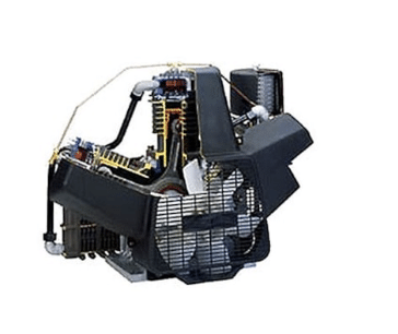 The Powerex, Inc. OPS030 2/3HP Oil-less Reciprocating Compressor Pump (P/N OPS030) features a visible protective casing, fan, and various pipes and components, displayed against a white background.