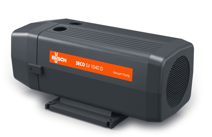 A Busch Vacuum Solutions SV1016 C Dry-Running Rotary Vane Vacuum Pump (P/N 1261.242.101), featuring a black finish and mounting base, is displayed against a white background.