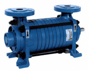 Travaini Pumps TBH 403/1-C/RA Multi-stage Self Priming Centrifugal Pump features flanged inlet and outlet ports, a blue horizontal cylindrical body, and visible bolts and mounting supports.