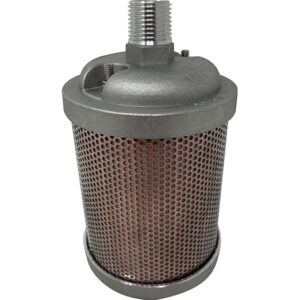 The Quincy Compressor Dryer Muffler 1/2" (P/N 1624595207) is a cylindrical metal filter with a perforated outer casing and threaded top connector, designed for industrial machinery or hydraulic system applications.