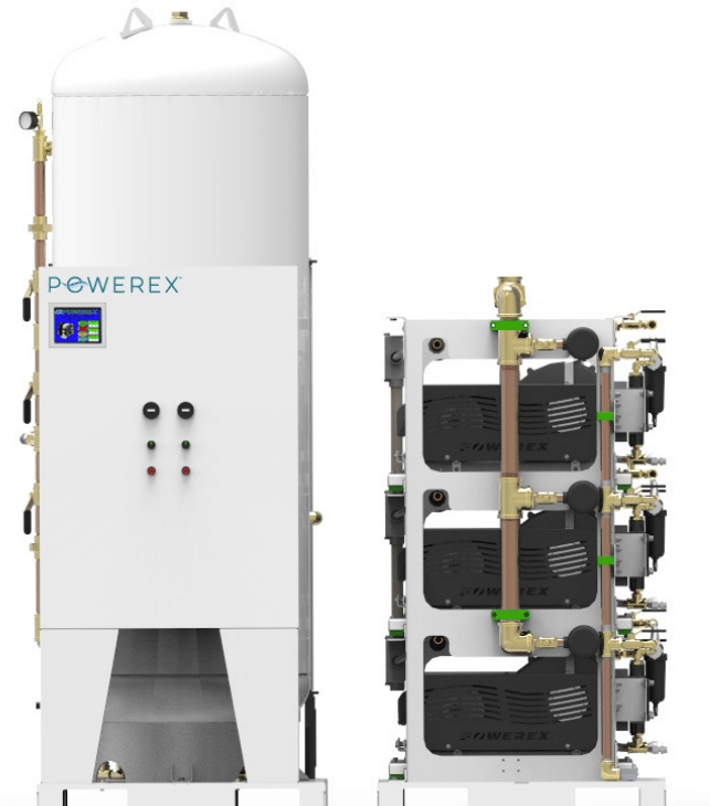 The Powerex, Inc. Laboratory Open Scroll Air Compressor System (P/N LSD05A3-AES-SPL) includes a tall white POWEREX-labeled tank on the left and stacked black compressor units with brass pipes and fittings on the right.