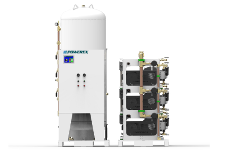 The Powerex, Inc. Laboratory Open Scroll Air Compressor System (P/N LSH15A6-AES-SPL) features a white vertical tank labeled "Powerex" on the left and stacked black compressor units with brass fittings on the right, as seen from the front.