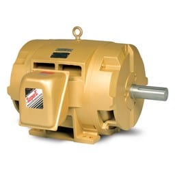 The Baldor EM2559T-4 is a gold-colored, 3-phase, 125 HP industrial motor with a cylindrical body, protective cover, mounting base, and a steel shaft on the right side.