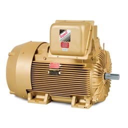 The Baldor EM4410T-4 General Purpose 3-Phase TEFC 125 HP Motor (P/N EM4410T-4) features a gold-brown exterior, cooling fins, a silver shaft, product labels, and a control box mounted on top.
