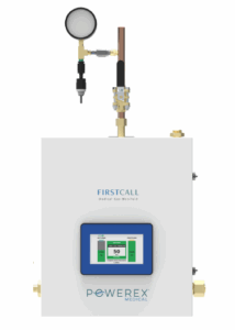 The Powerex HDR-STGD-CO2 1X1-36C (P/N HDR-STGD-CO2-1x1-36C) is a white gas manifold with a digital display, pressure gauge, and copper piping on top, designed for medical gas monitoring.