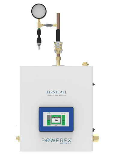 The Powerex HDR-STGD-CO2 1X1-36C (P/N HDR-STGD-CO2-1x1-36C) is a white gas manifold with a digital display, pressure gauge, and copper piping on top, designed for medical gas monitoring.