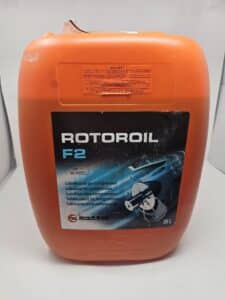 A 5-gallon Mattei RotorOil-F2 Oil pail (P/N: 8000-F2) for compressor lubrication, featuring multilingual labeling and mechanical gears graphic on the front.