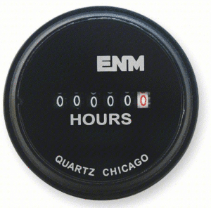 The ENM Hour Meter 120 V AC-240 V AC (P/N ENM-T50A52) is a black, circular device featuring "ENM" at the top, a five-digit display reading "00000", "HOURS" in the center, and "QUARTZ CHICAGO" at the bottom.