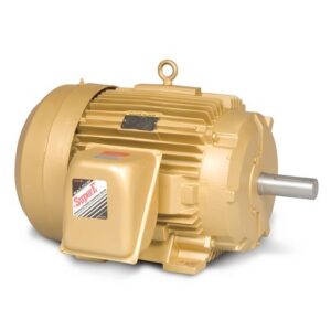The Baldor EM4316T-G General Purpose, 3-Phase, TEFC, 75 HP Motor (P/N EM4316T-G) is a large gold-colored industrial motor with cooling fins, a silver shaft, lifting eye on top, and labeled junction box on the side.