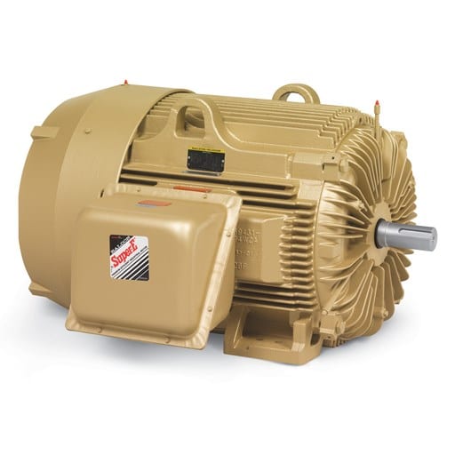The Baldor EM4400T-G General Purpose, 3-Phase, TEFC, 100 HP Motor is tan with cooling fins, a mounting base, and a metal shaft. A cover labeled "Super-E" is attached to the side. Part number: EM4400T-G.