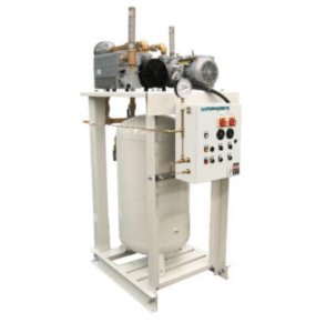 The Powerex, Inc. Laboratory Enclosed Scroll Tank Mount Compressed Air System (P/N LVPDT0502-DD-TM-AES-SPL) features a large vertical tank and control panel, mounted on a white metal frame for supplying compressed air in industrial settings.