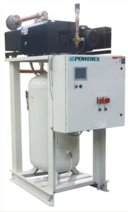 Powerex, Inc. Laboratory Vacuum System (P/N LVPDT0502-DD-TM-AES-SPL) features a large white vertical tank, control panel with buttons and switches, piping, black motor assembly on top, all mounted on a metal frame.