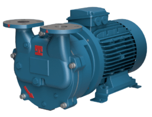 The Travaini Pumps TRMX403/1-C/RX 5 HP Liquid Ring Vacuum Pump, shown on a white background, features a blue casing with two flange openings, an electric motor, visible bolts and fins, red directional arrows, and a T-shaped logo.
