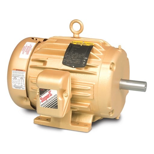 The Baldor EM4103T-G General Purpose 3-Phase TEFC 25 HP Motor (P/N EM4103T-G) features a mounting base, attached nameplate, cylindrical shaft on one side, side vents, and a labeled control box.
