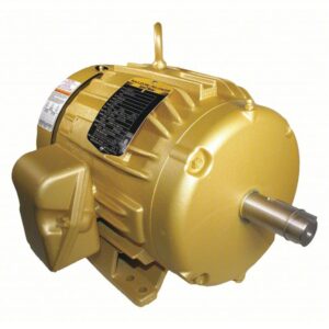 The Baldor EM3665T-G General Purpose 3-Phase TEFC 5 HP Motor features a gold cylindrical body with cooling fins, a labeled data plate on top, a metal shaft at one end, and a bolt-mounting base.