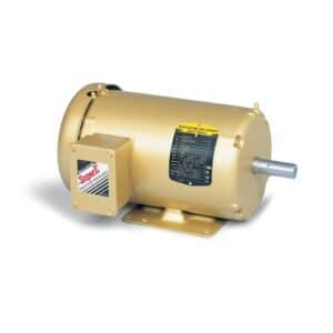The Baldor EM3714T-G General Purpose 10 HP 3-Phase TEFC Motor (P/N EM3714T-G) features a gold cylindrical body, metal base plate, protruding shaft, technical labeling, and the "Super-E" logo.