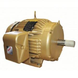 The Baldor EM3770T-G General Purpose, 3-Phase, TEFC, 7.5 HP Motor (P/N EM3770-G) features a gold metal casing with cooling fins, a labeled plate, a shaft with white protective cap, and mounting supports for flat surfaces.