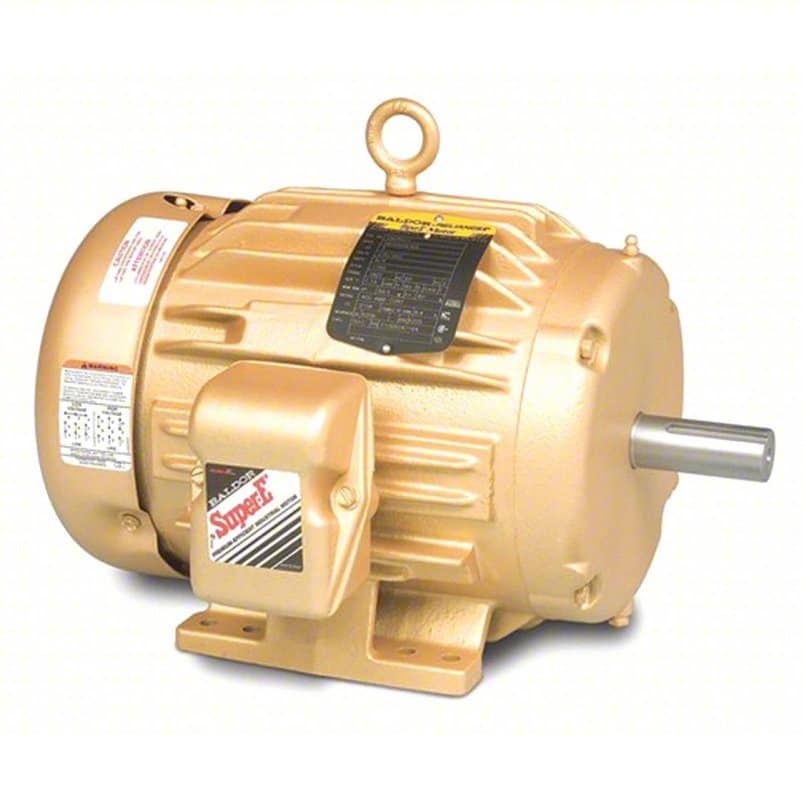 The Baldor EM3774T-G General Purpose, 3-Phase, TEFC, 10 HP Motor (P/N EM3774T-G) is gold with labels, a metal mounting base, a protruding shaft at one end, a top lifting ring, and visible nameplates on its surface.