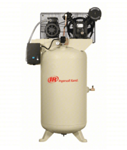 A beige, vertical Ingersoll Rand T30 Series 5HP air compressor (P/N 2340L5-V) with a cylindrical tank and exposed black motor and pump on top; the brand logo is visible on the front of the tank.