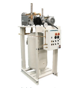 Powerex, Inc. Laboratory Vacuum System (P/N LVPT0755-AES-SPL) features a vertical cylindrical tank, control panel with buttons and gauges, top-mounted motor, and a white metal frame for support.