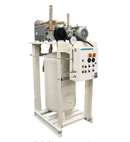 Powerex, Inc. Laboratory Vacuum System (P/N LVPT0755-AES-SPL) features a vertical cylindrical tank, control panel with buttons and gauges, top-mounted motor, and a white metal frame for support.