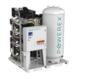 A Powerex, Inc. Medical Air System (P/N MSD05A3-AES-SPL) featuring a control panel, piping, and a large vertical white storage tank mounted on a metal frame.