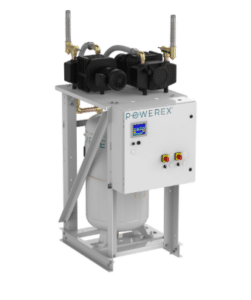 A white Powerex, Inc. Medical Vacuum (P/N VVTD0303-AES-SPL) with control buttons, digital display, piping and wiring on top, mounted on a metal frame over a cylindrical tank.