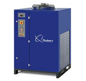 A Quincy Compressor Compressed Air Dryer System (P/N QPNC-1600) in blue stands upright on four black legs, featuring a control panel, vents, and the brand logo on the front.