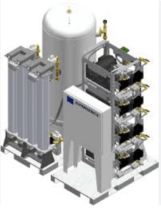 Powerex, Inc. Laboratory Compressed Air System LSD10A5-AES-SPL (P/N LSD10A5-AES-SPL) features multiple vertical cylindrical tanks, control valves, and a branded panel, all mounted on a white platform.