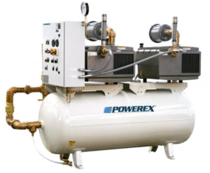 The Powerex, Inc. Laboratory Vacuum System Model LVD0504-AES-SPL features a white horizontal tank, control panel with gauges, two electric motors, and brass piping connections.