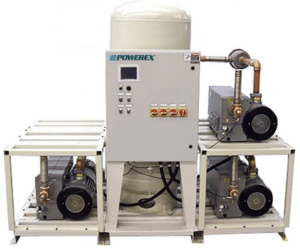 Powerex, Inc. Laboratory Vacuum System (P/N LVPQ2505-AES-SPL) features a control panel, multiple switches and gauges, and dual motor units mounted on a metal frame with connected piping.