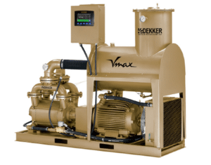 A Dekker Laboratory Vacuum System Model VMXVFD0453KA2-AES-SPL with control panel, motor, and piping mounted on a metallic base and painted gold.