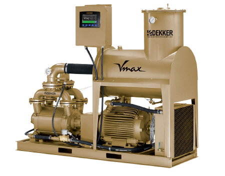 A Dekker Laboratory Vacuum System Model VMXVFD0453KA2-AES-SPL with control panel, motor, and piping mounted on a metallic base and painted gold.