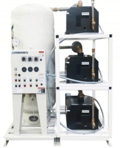 A Powerex, Inc. Laboratory CLAW Vacuum System (P/N LCPT0705-AES-SPL) featuring a large vertical white tank, control panel with gauges and switches, and three black compressor units on a white metal frame.