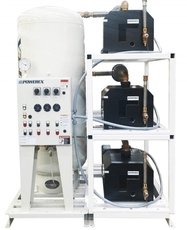 A Powerex, Inc. Laboratory CLAW Vacuum System (P/N LCPT0705-AES-SPL) featuring a large vertical white tank, control panel with gauges and switches, and three black compressor units on a white metal frame.