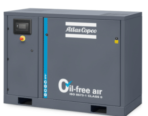 A gray industrial Atlas Copco Replacement Motor (P/N 2203052110) featuring a control panel, emergency stop button, and an "Oil-free air" label on the front.