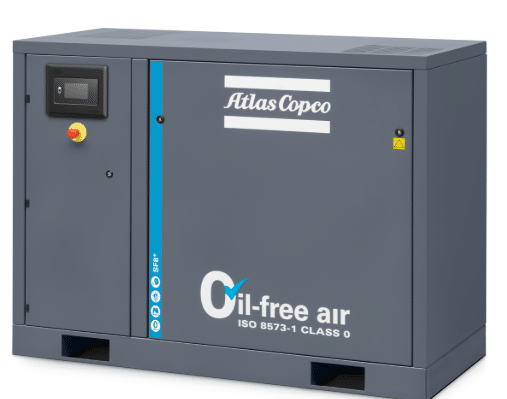 A gray industrial Atlas Copco Replacement Motor (P/N 2203052110) featuring a control panel, emergency stop button, and an "Oil-free air" label on the front.