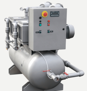 The Becker Laboratory Vacuum System Model DT40LV/P3 (P/N DT40LV/P3-AES-SPL) features a cylindrical tank, integrated control panel, gauges, and connecting pipes, all finished in gray and mounted on sturdy metal supports against a plain white background.