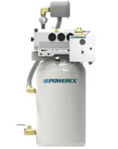 A white Powerex, Inc. Laboratory Vacuum System Model IBVS0303-AES-SPL (P/N IBVS0303-AES-SPL) featuring a control panel, pipes, and valves. The system is upright with the Powerex logo on the tank and various fittings attached to the top and sides.