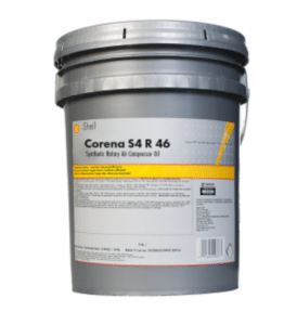 A Shell Corena S4 R46 5 Gallon Pail (P/N S4-R46-5) in gray, featuring a handle and a detailed product label on the front.