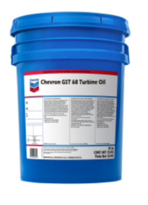 A blue plastic bucket labeled “Chevron GST 68 Turbine Oil” with text and branding on the front, used for industrial lubrication.