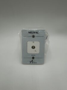 A wall-mounted Amico Outlet, Ohmeda Extended Front, Vacuum (P/N O-FASE-QD-U-VAC), labeled “MEDVAC” with the Amico logo and covered in clear plastic, is set against a plain white background.